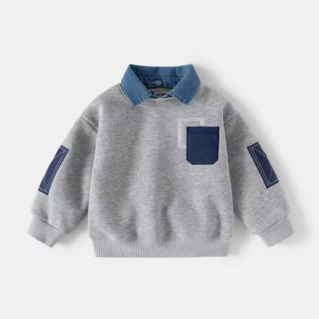 Kids' gray pullover sweatshirt with denim collar
