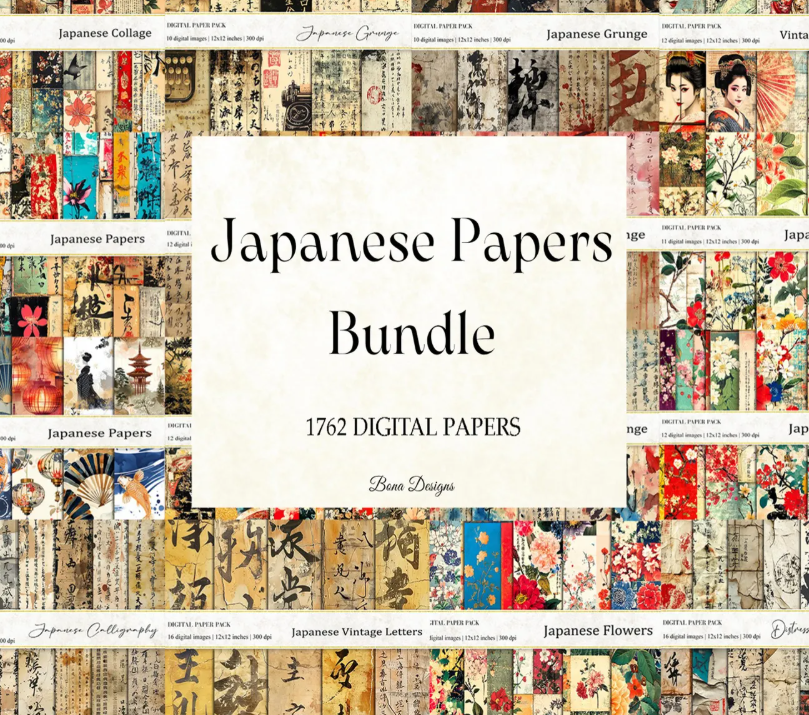 Japanese Papers Bundle: 1762 Asian Scrapbook Pages Junk Journal Kit