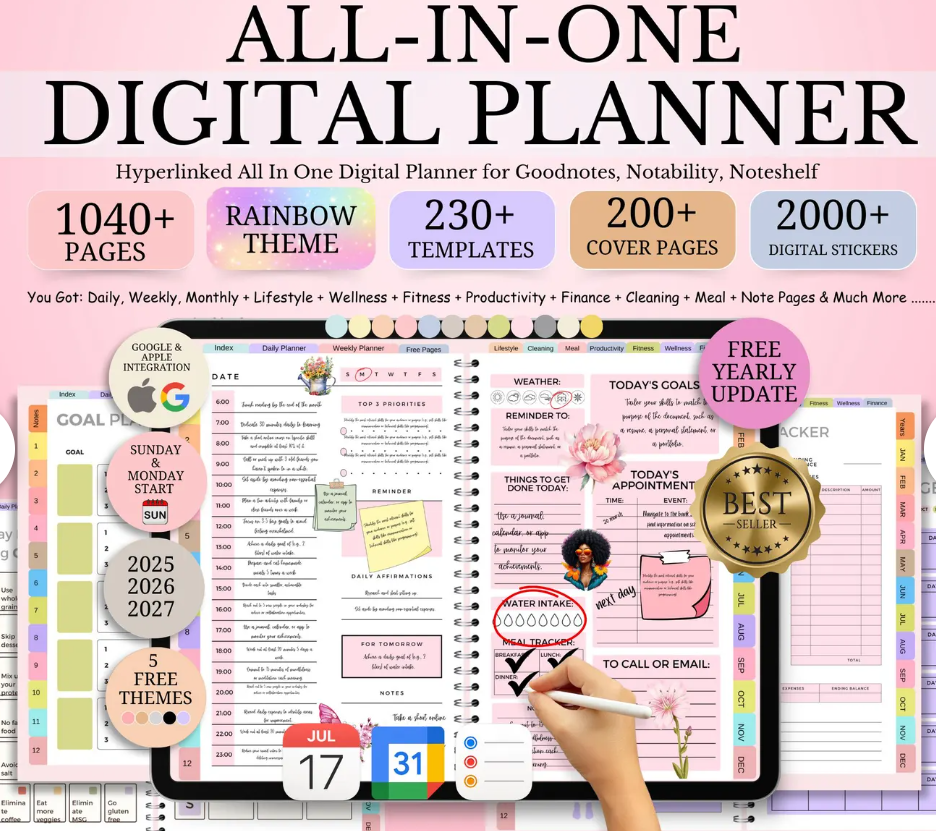 All-in-One Digital Planner 2025, Hyperlink Digital Planner, Daily Weekly Monthly Journal, Good notes Planner, Apple Google Calendar