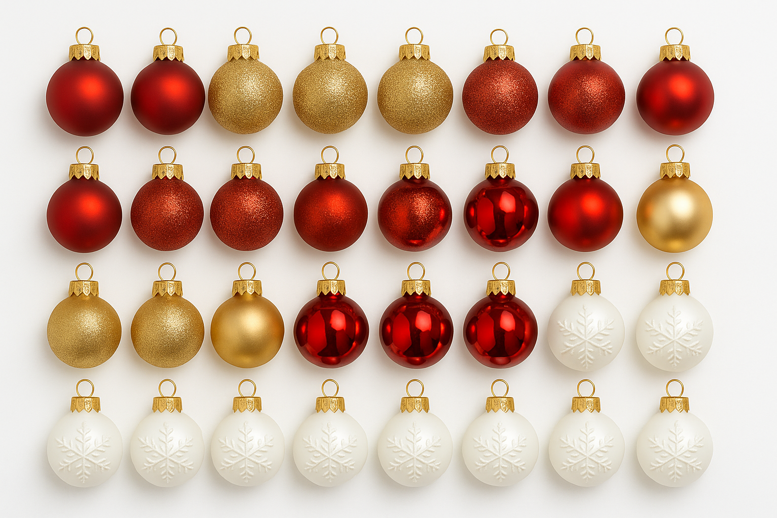 Kit 32 Bolas de Natal Premium Vermelho, Dourado e Branco Neve