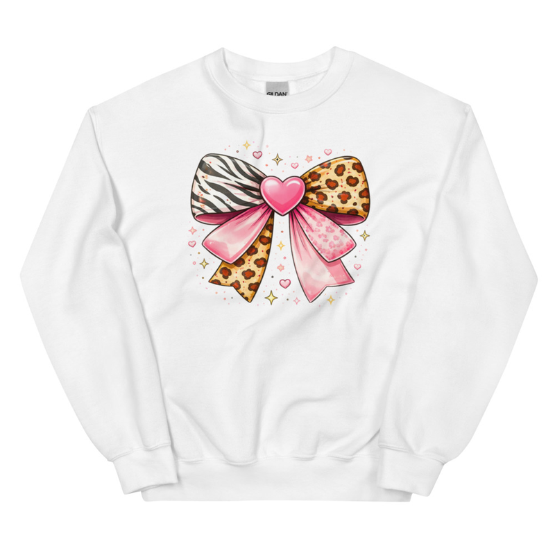 Valentine Bow Sweatshirt – Pink Patchwork Bow with Leopard & Zebra Print I Valetine Gift for Her