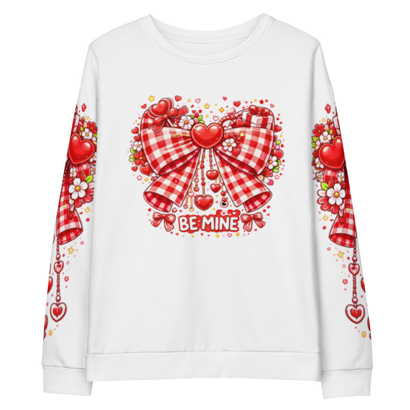 Valentine Sweatshirt – Red Gingham Bow Heart Valentine Sweater with Sleeve Designs I Valentine Gift for Her