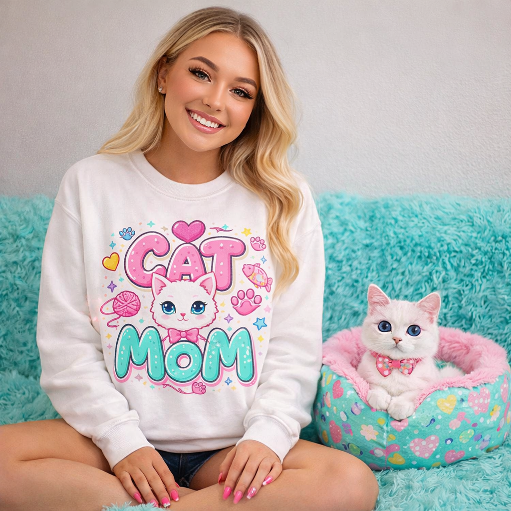 Cute Cat Mom Sweatshirt – Girly Neon Cat Lover Sweater for Women I Cat Lovers Sweater I Cat Apparel for her