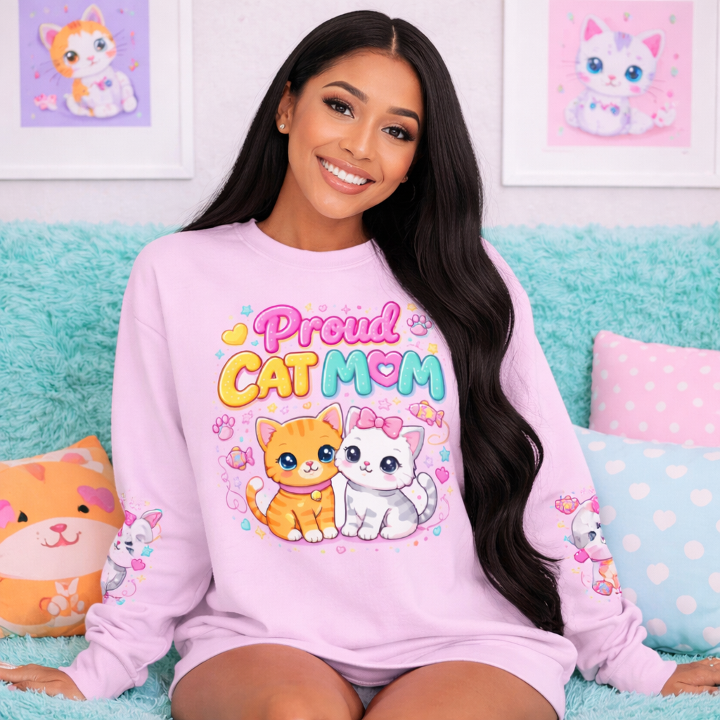 Cute Kawaii Cat Lover Pullover, Pastel Cat Mom Gift for Women
