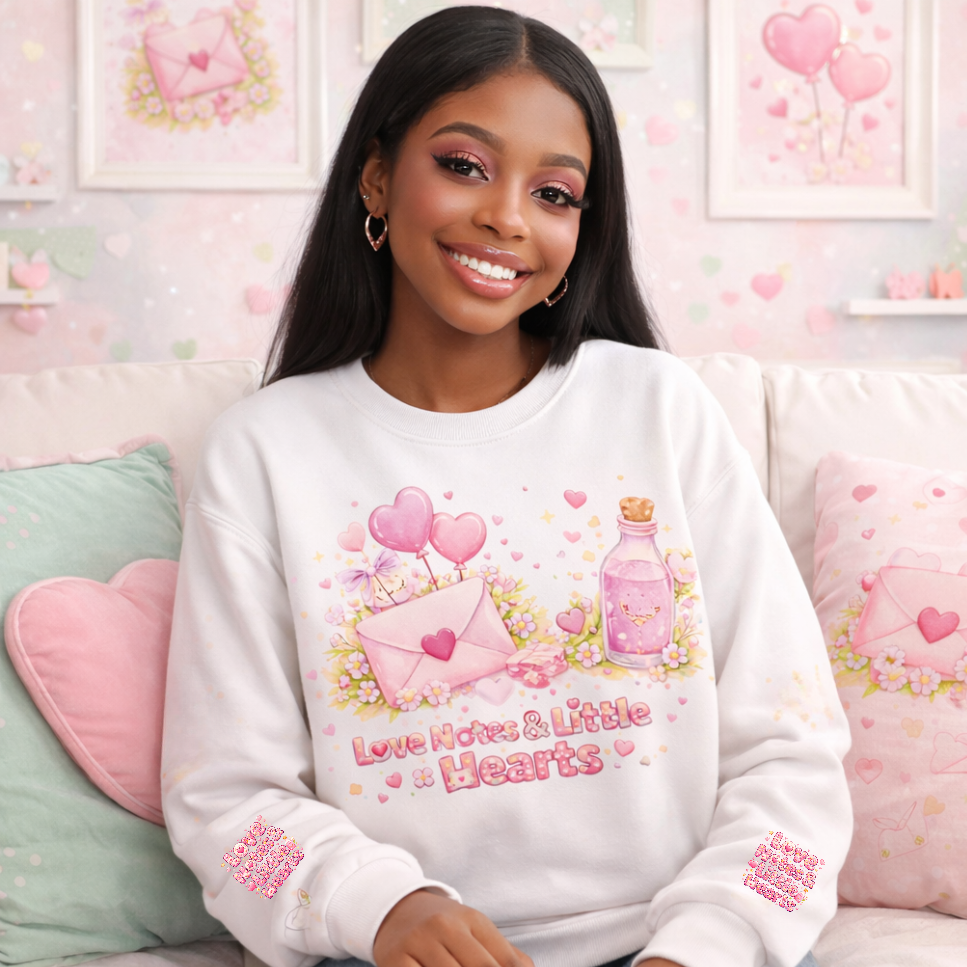 Cute Valentine Aesthetic Cozy Pink Graphic Sweater with  Love Notes & Little Hearts I Valtentine Gift for Her