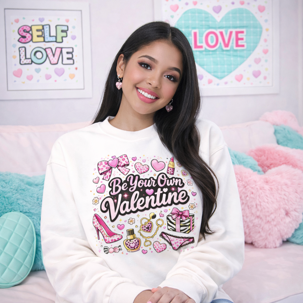 Valentine Sweatshirt – Cute Pink Valentine Graphic Crewneck for Women, Self Love Cozy Valentine Sweater I Valentine Gift for Her