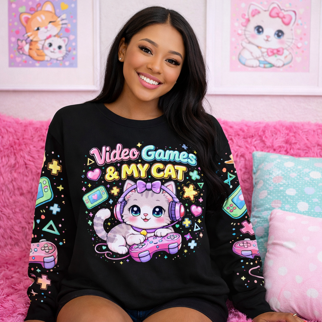 Cat Sweatshirt – Cute Gamer Cat Mom Sweater in Neon Kawaii Style I Sweater for Cat Lovers I Gift for Cat Lovers and Cat Moms