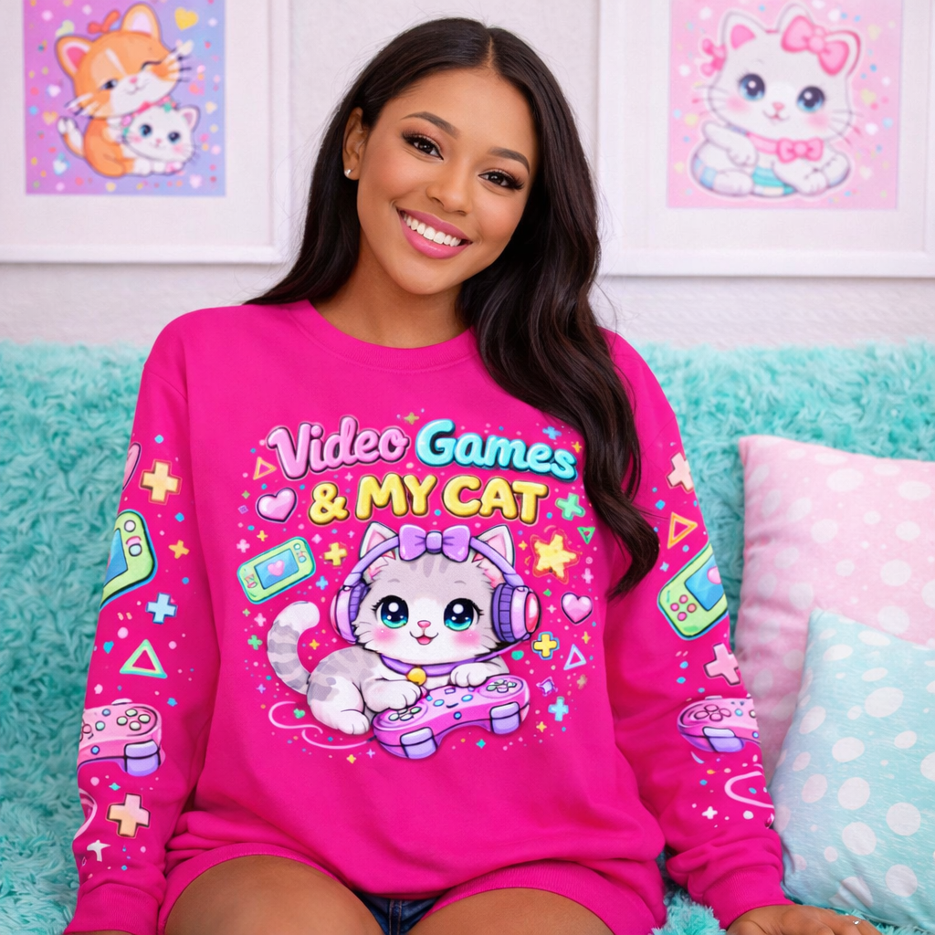 Cat Sweatshirt – Cute Gamer Cat Mom Sweater in Neon Kawaii Style I Sweater for Cat Lovers and Cat Moms I Gift for Her