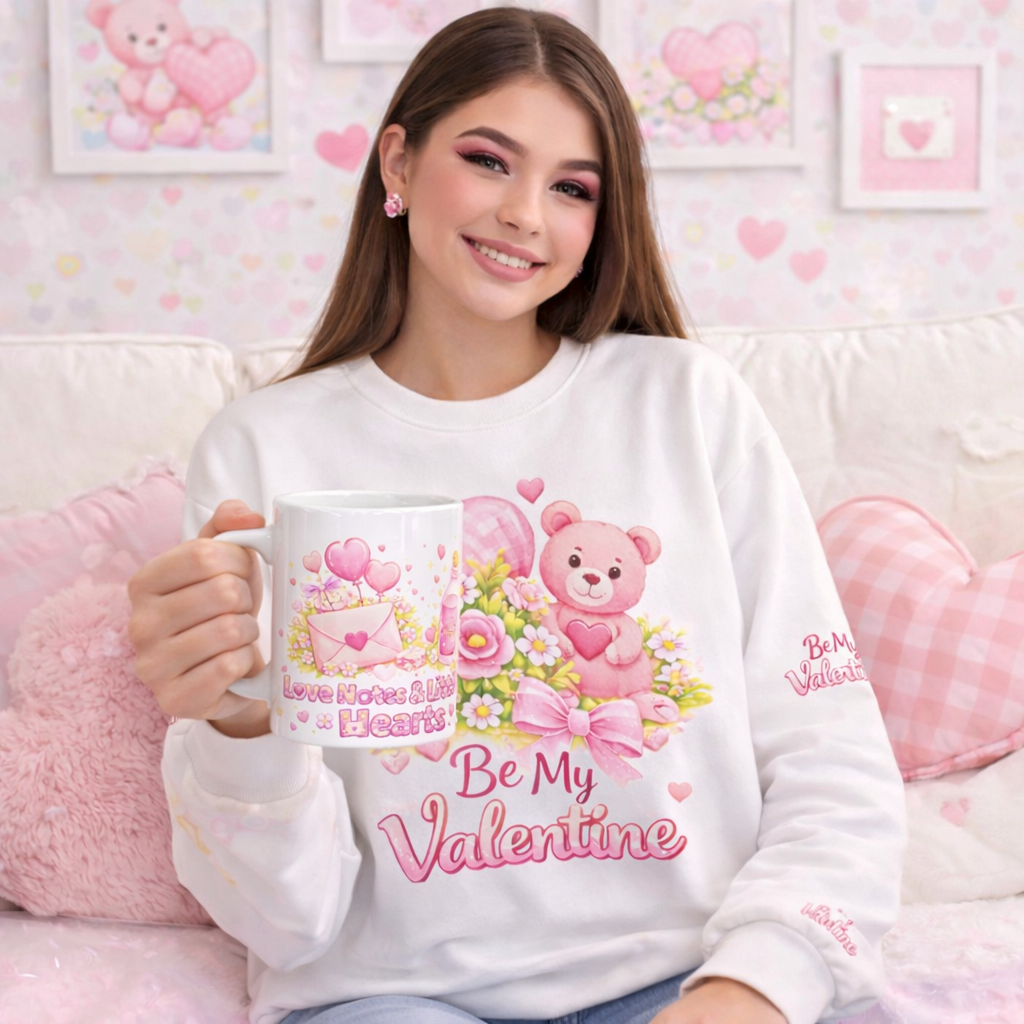 Love Notes & Little Hearts Mug – Cute Valentine Coffee Cup with Hearts, Flowers & Love Letter Design I Valentine Gift for Her