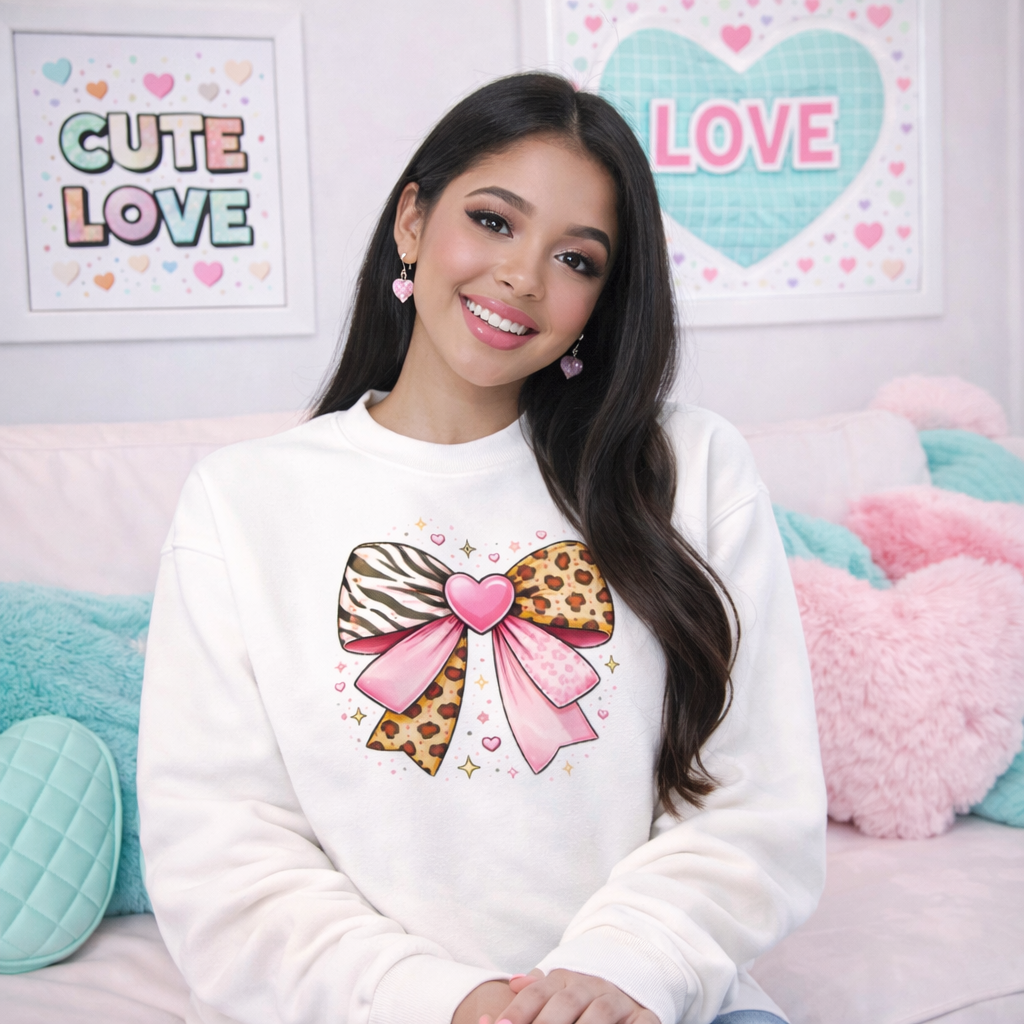 Valentine Bow Sweatshirt – Pink Patchwork Bow with Leopard & Zebra Print I Valetine Gift for Her