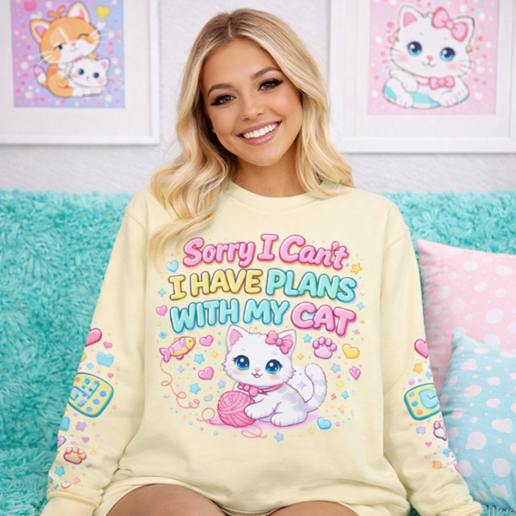 Cute Cat-Themed Sweatshirt I Cute Cat Mom Pullover in Pastel Yellow I Cat Lovers, Cat Moms I Gift for Her