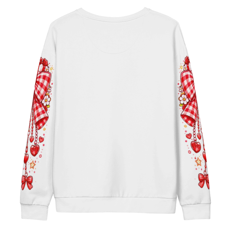 Valentine Sweatshirt – Red Gingham Bow Heart Valentine Sweater with Sleeve Designs I Valentine Gift for Her