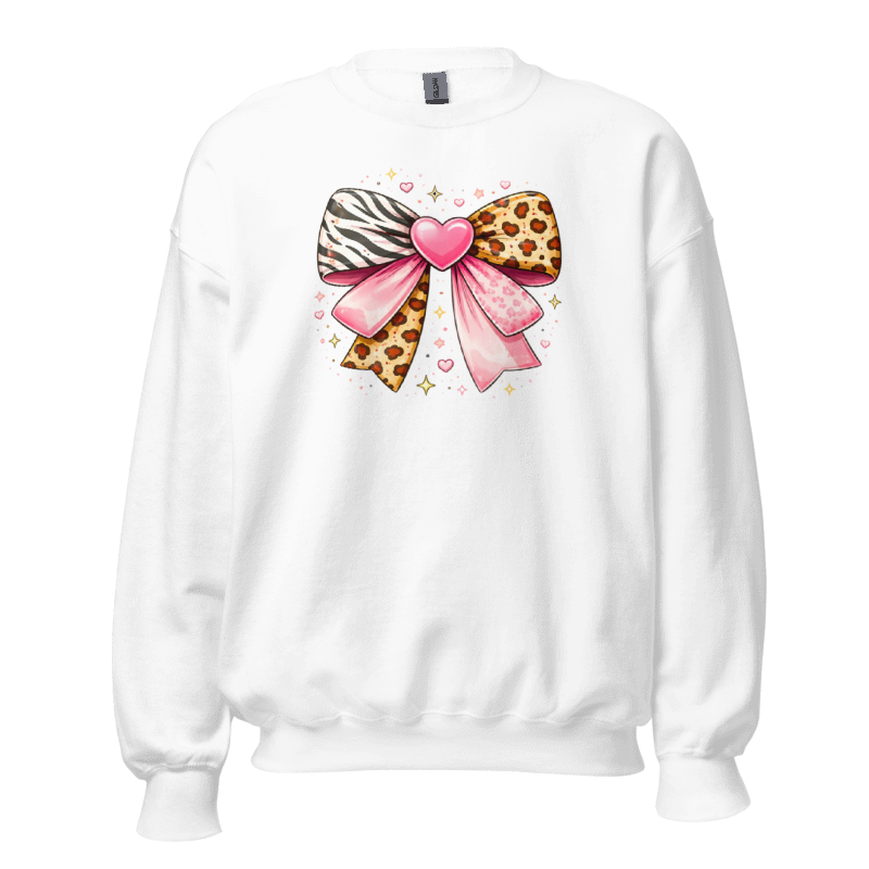 Valentine Bow Sweatshirt – Pink Patchwork Bow with Leopard & Zebra Print I Valetine Gift for Her