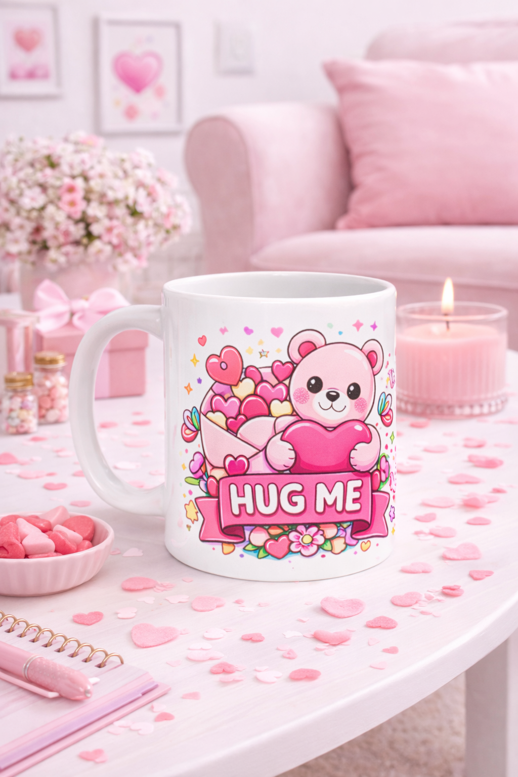 Valentine Mug – Cute Teddy Bear Heart Mug, Romantic Gift for Her, Kawaii Love Coffee Cup, Valentine’s Day Gift