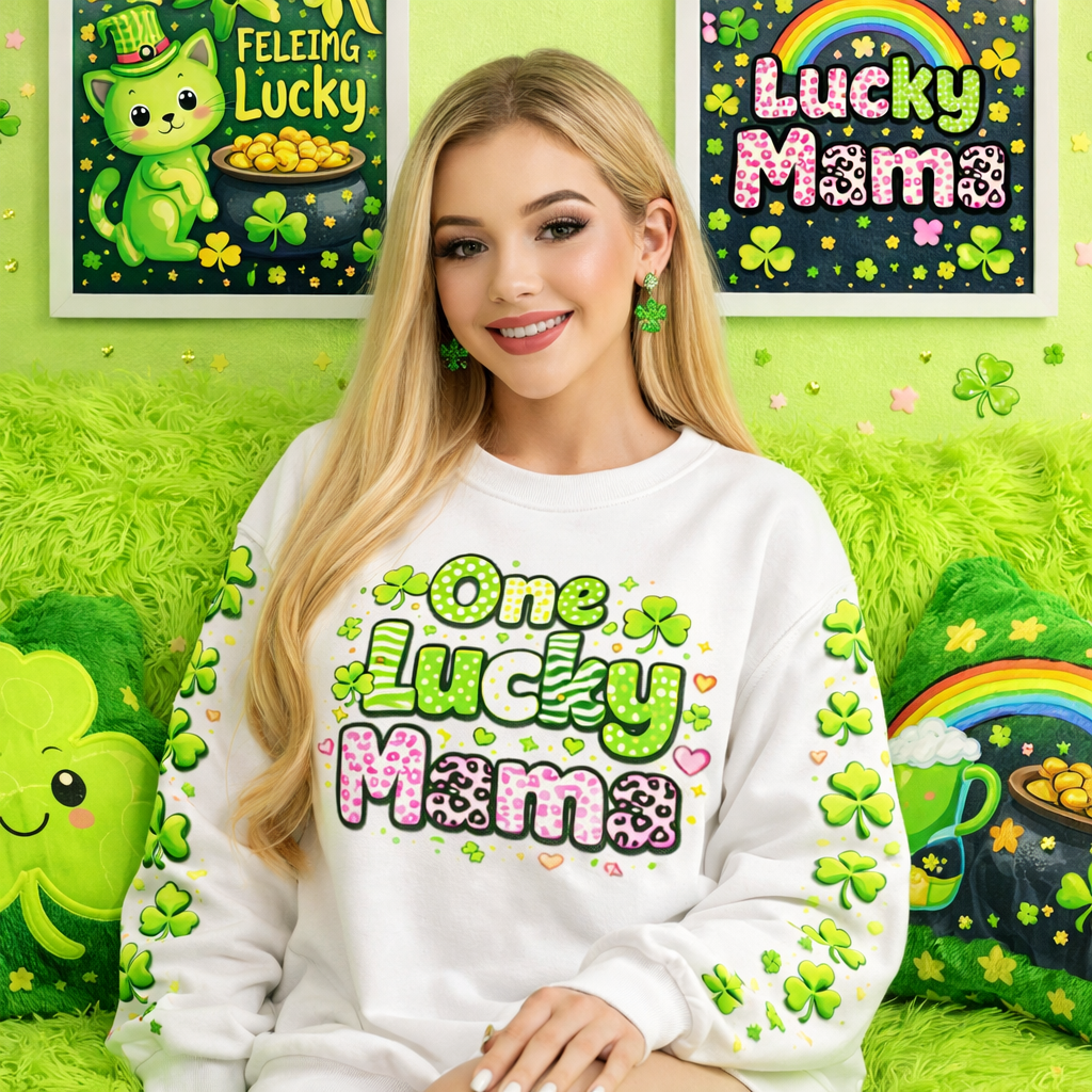 St. Patrick’s Day Sweatshirt – Cute Shamrock Mom Sweater with Clover Sleeves, Trendy Irish Green Graphic I Gift for Her