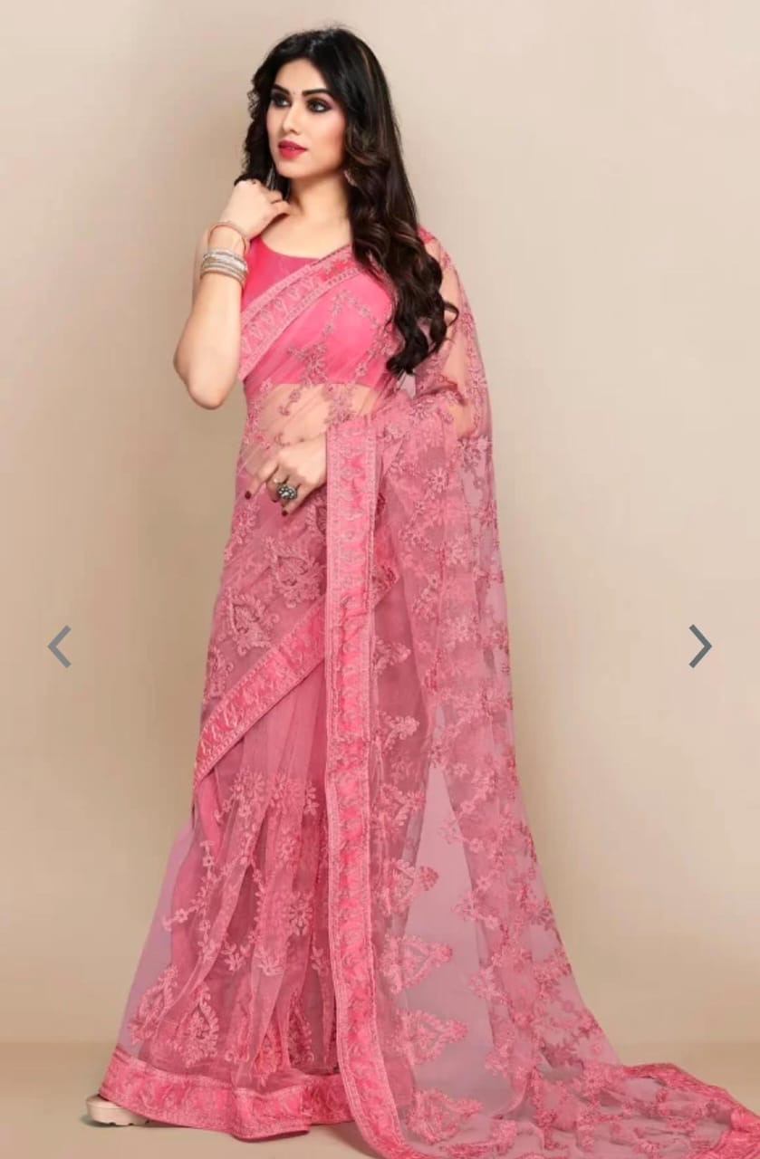 Embroidered Pink Net Saree