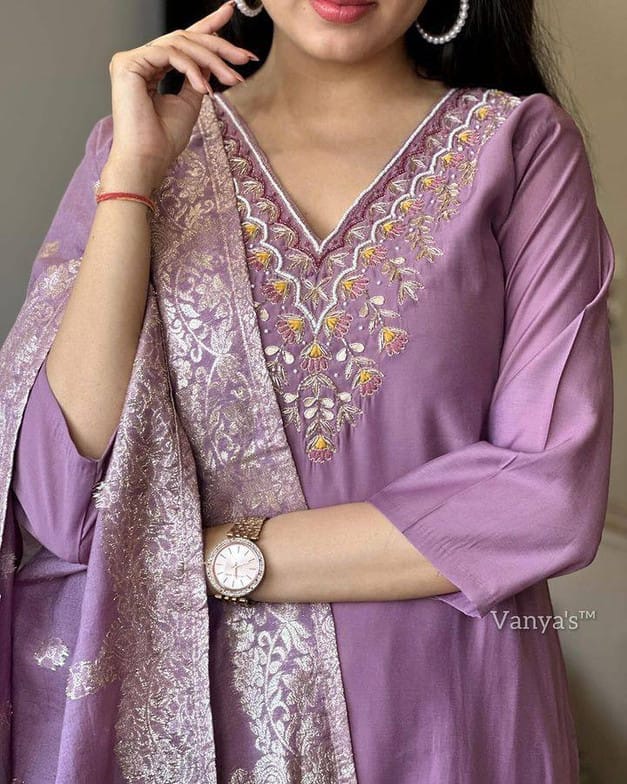 Lavender Embroidered Kurti Set