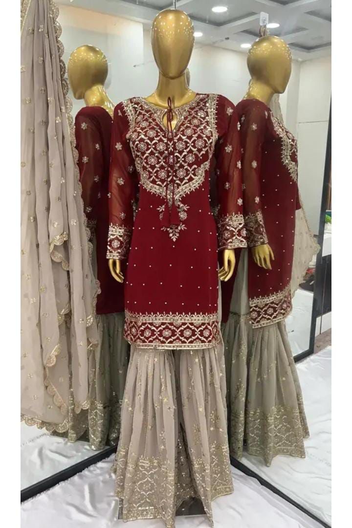 Embroidered Maroon and Beige Traditional Dress