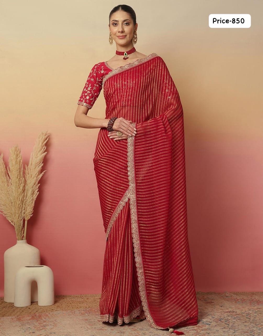 Elegant Red Striped Saree