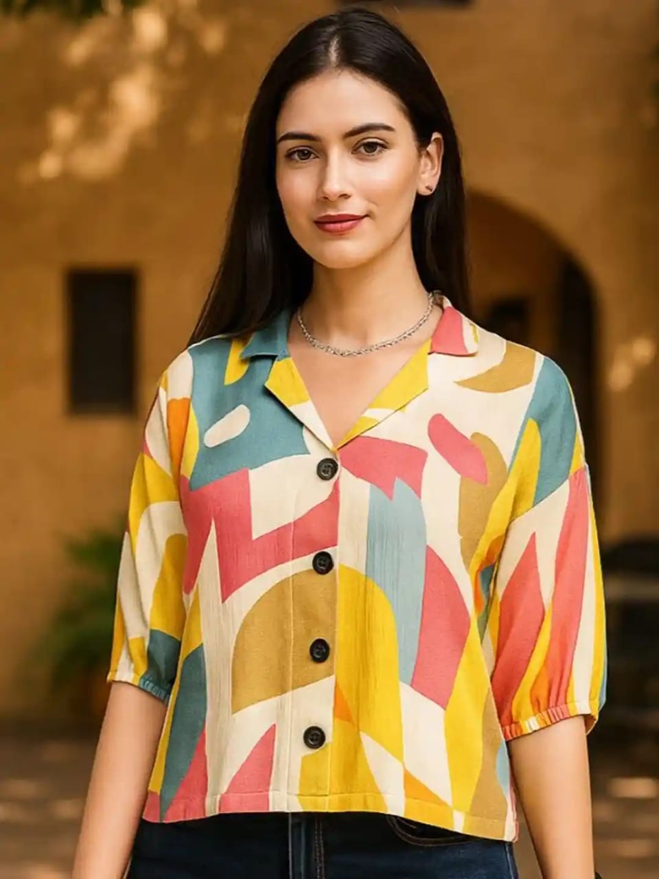 Colorful Abstract Print Button-Up Shirt