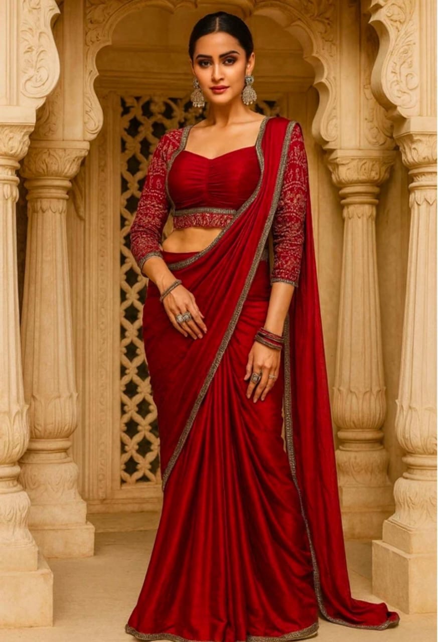 Elegant Maroon Saree with Embroidered Blouse