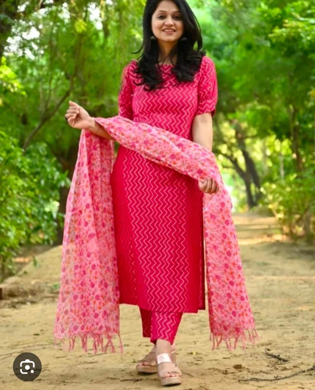 Red Printed Cotton Kurta Set