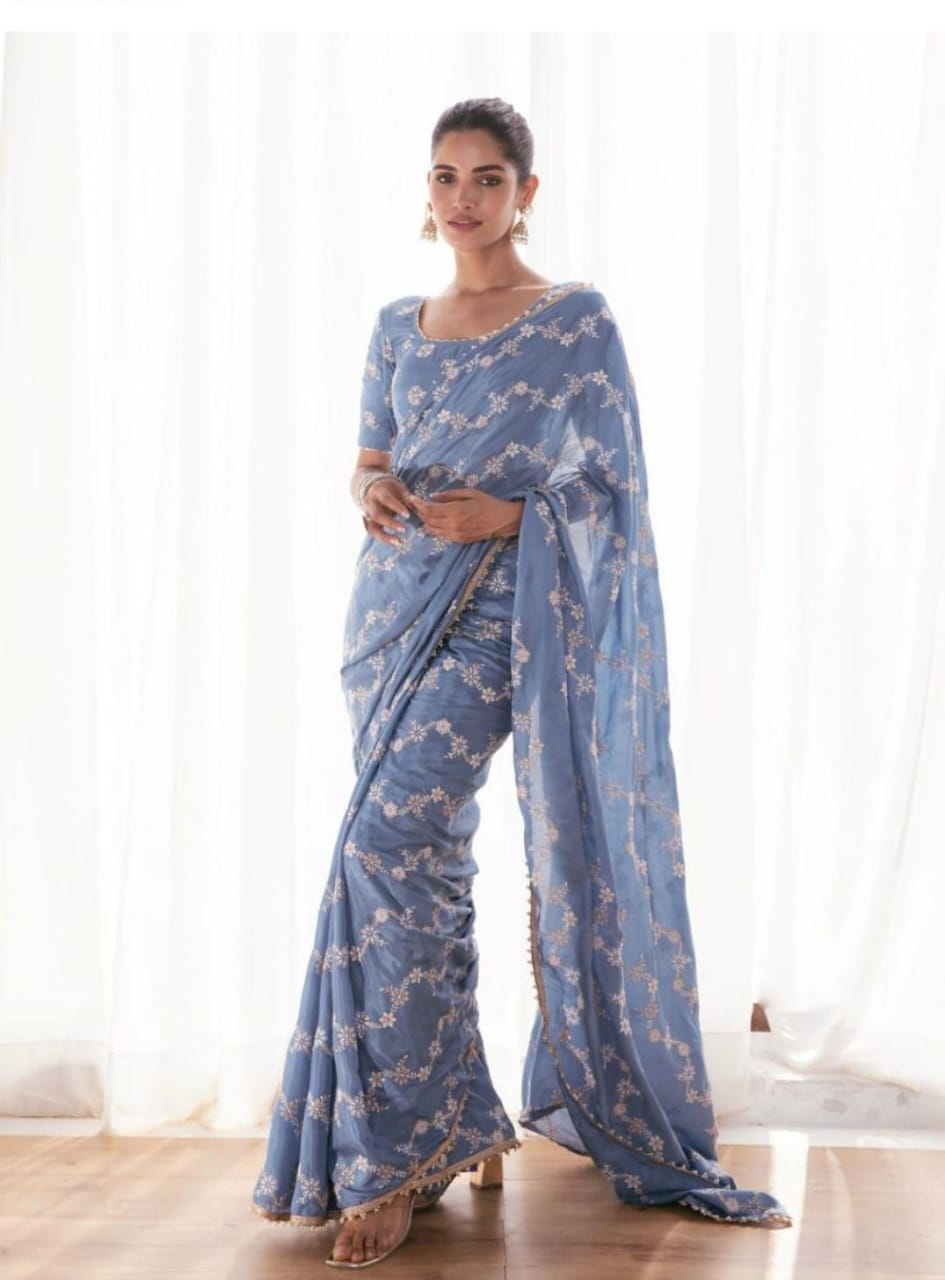 Elegant Light Blue Floral Saree