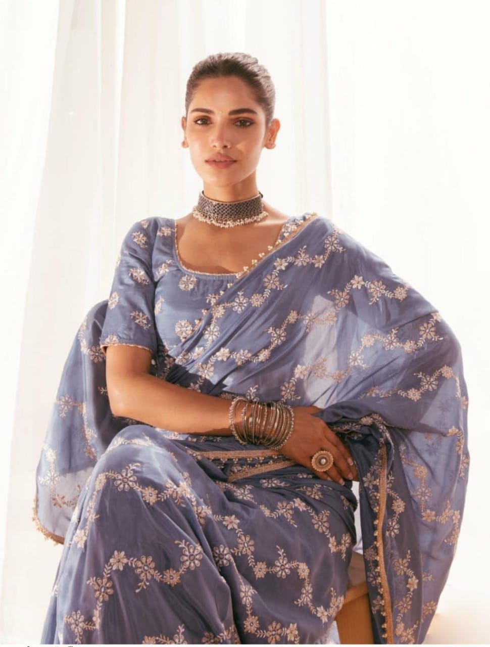 Elegant Blue Floral Embroidered Saree