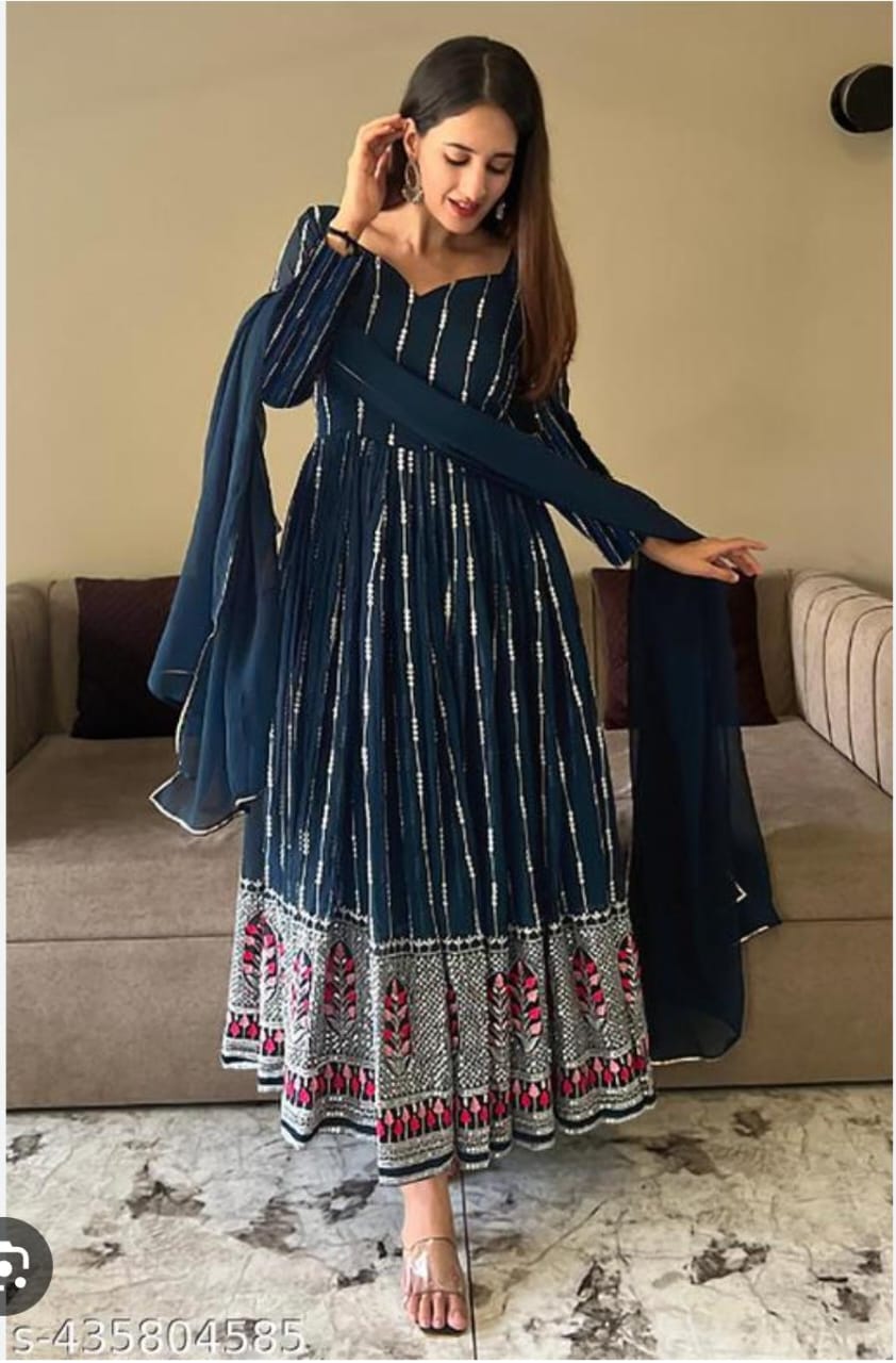 Blue Printed Anarkali Dress