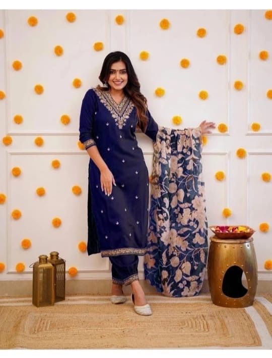 Elegant Navy Blue Embroidered Suit