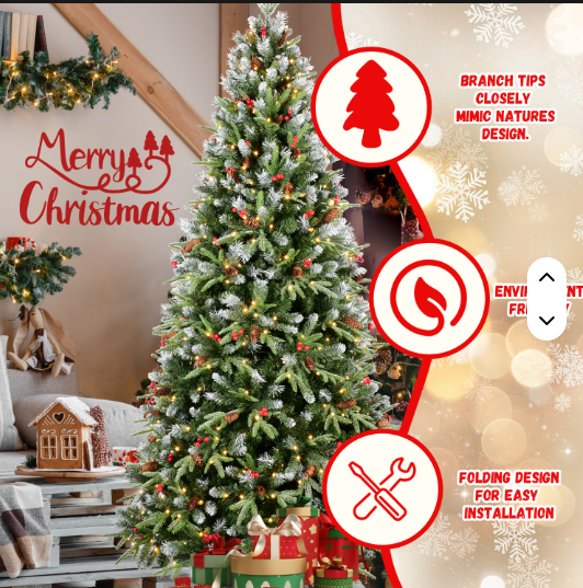7.5ft High Quality Artificial Christmas Tree with Snowy Pine Cones Full Xmas Tree for Home Holiday Decor