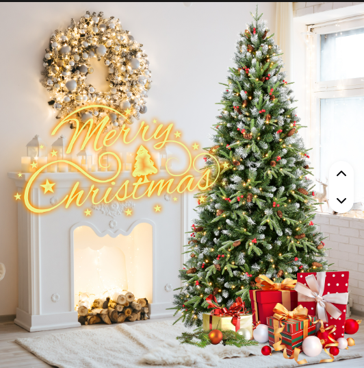 7.5ft High Quality Artificial Christmas Tree with Snowy Pine Cones Full Xmas Tree for Home Holiday Decor