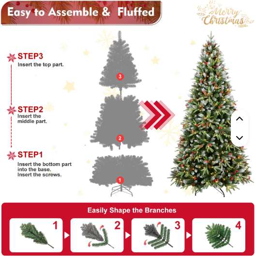 7.5ft High Quality Artificial Christmas Tree with Snowy Pine Cones Full Xmas Tree for Home Holiday Decor