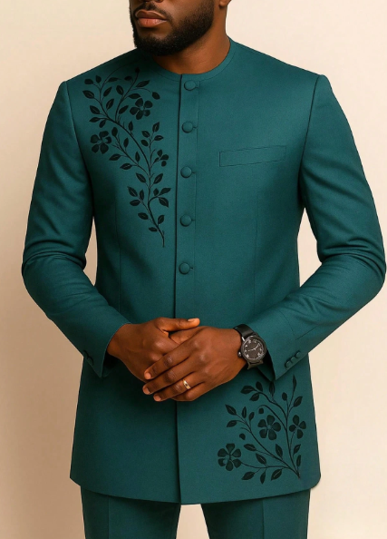 Men's Teal Embroidered Formal Suit