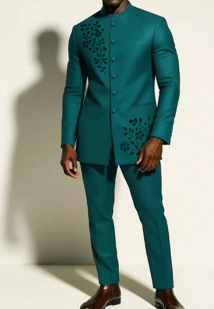Men's Teal Embroidered Formal Suit