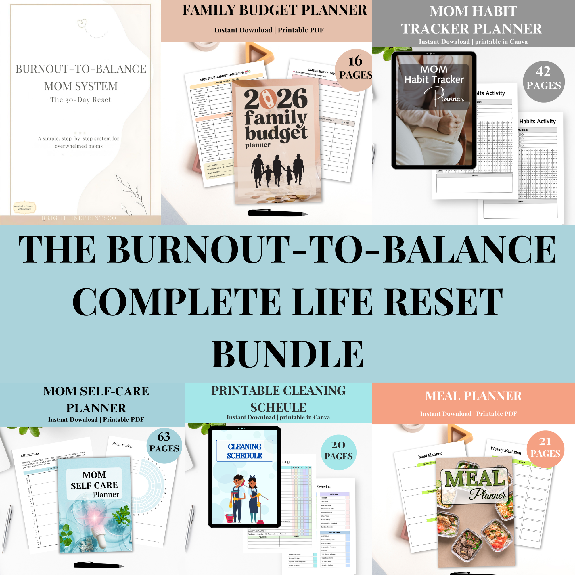 Burnout-to-Balance Complete Life Reset Bundle | Busy Mom Planner System for Meals, Budget, Cleaning, Habits & Self-Care (Instant Download)