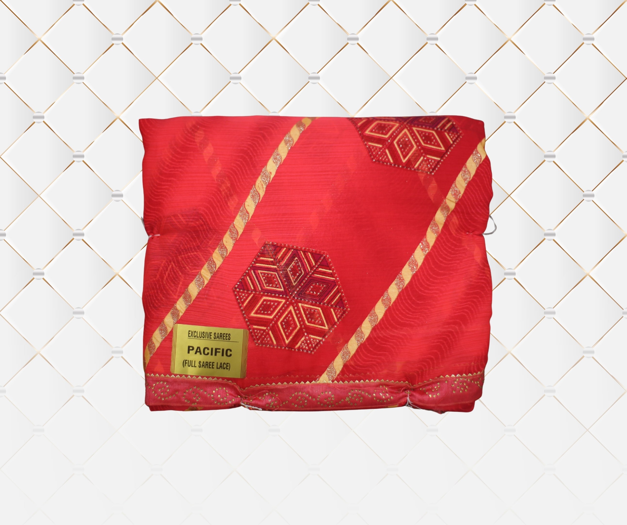 Red Saree with Geometric Embroidery