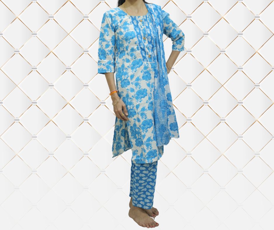 Blue Floral Printed Kurta Set