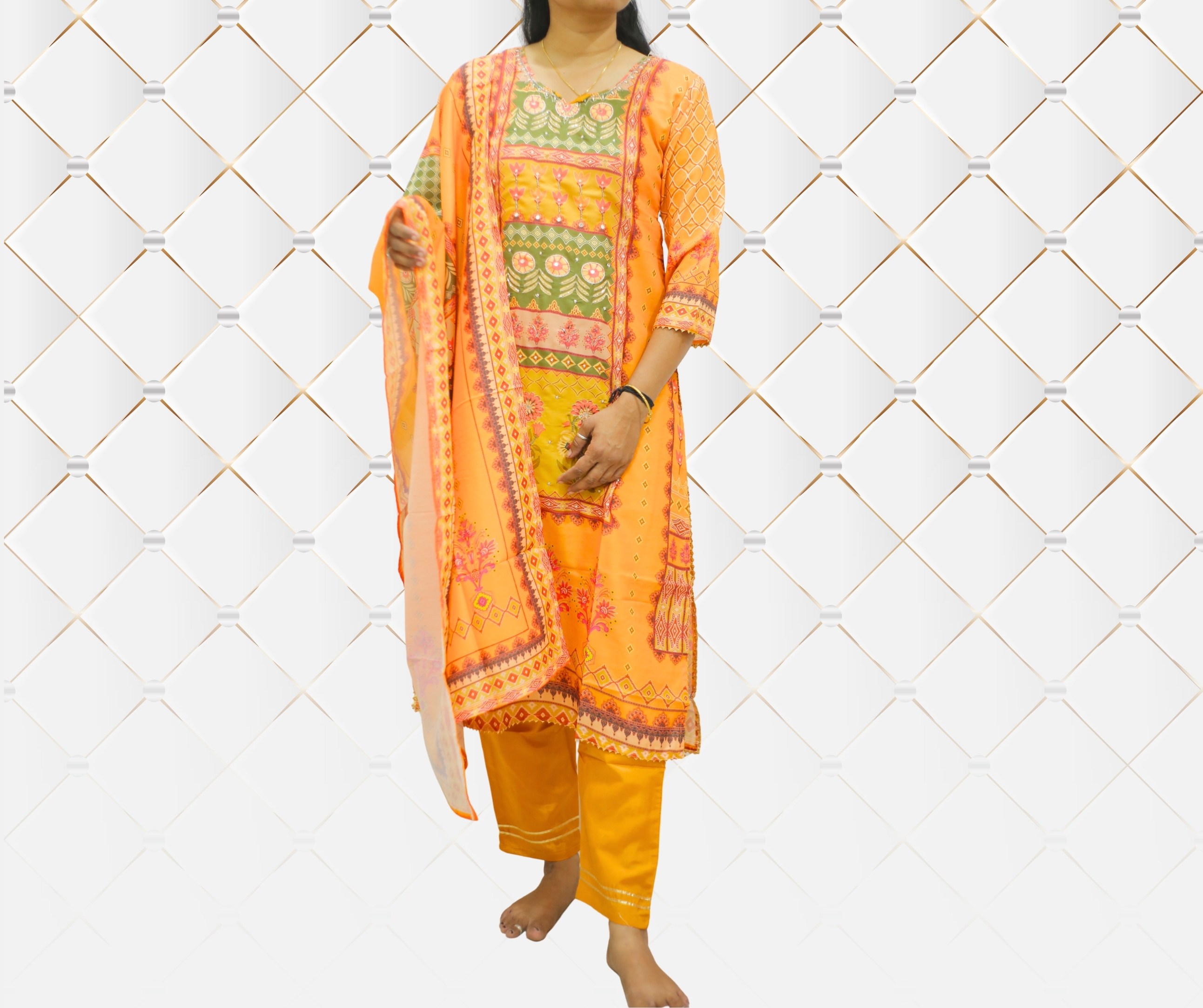 Orange Printed Pakistani Suit