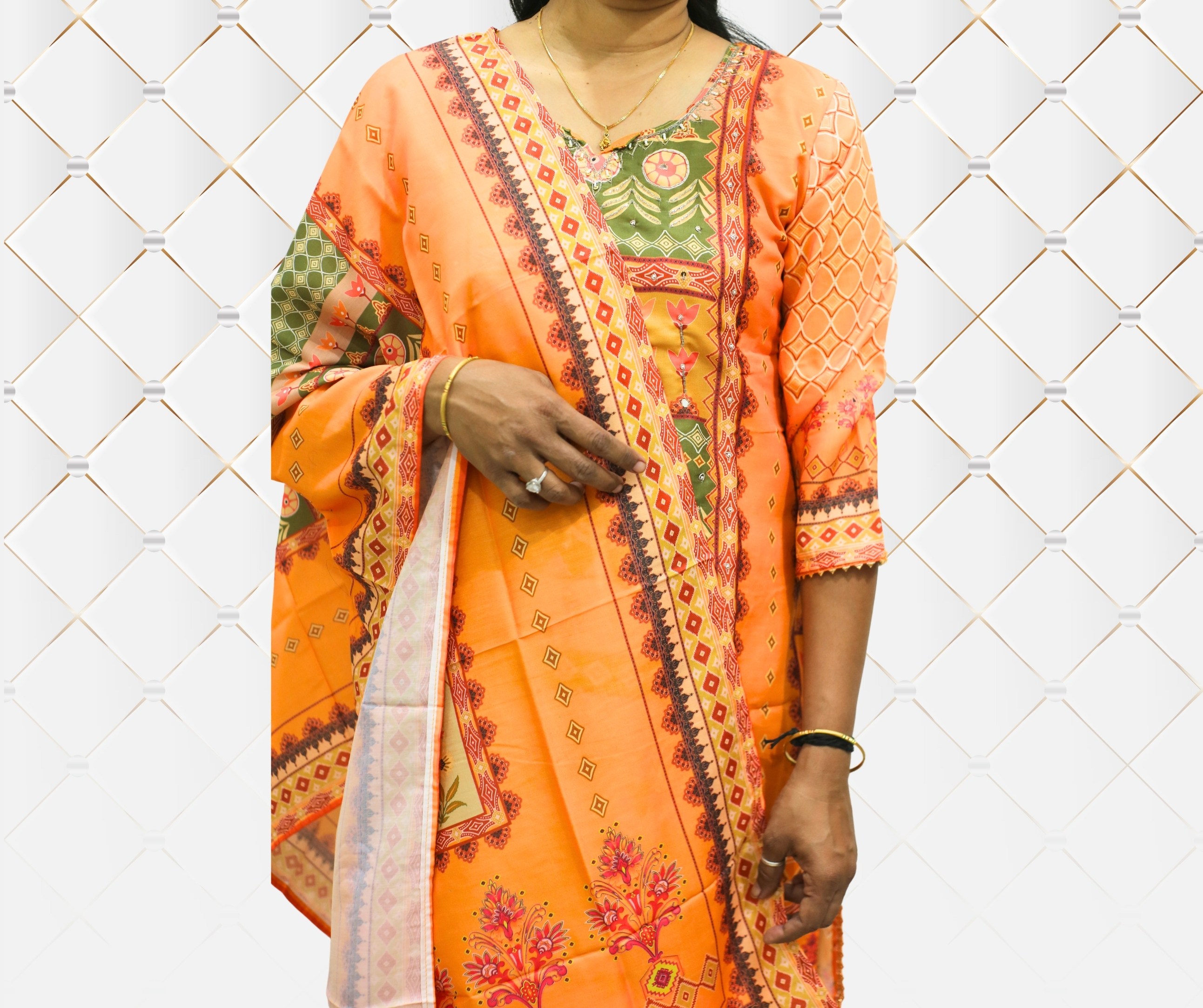 Orange Printed Pakistani Suit