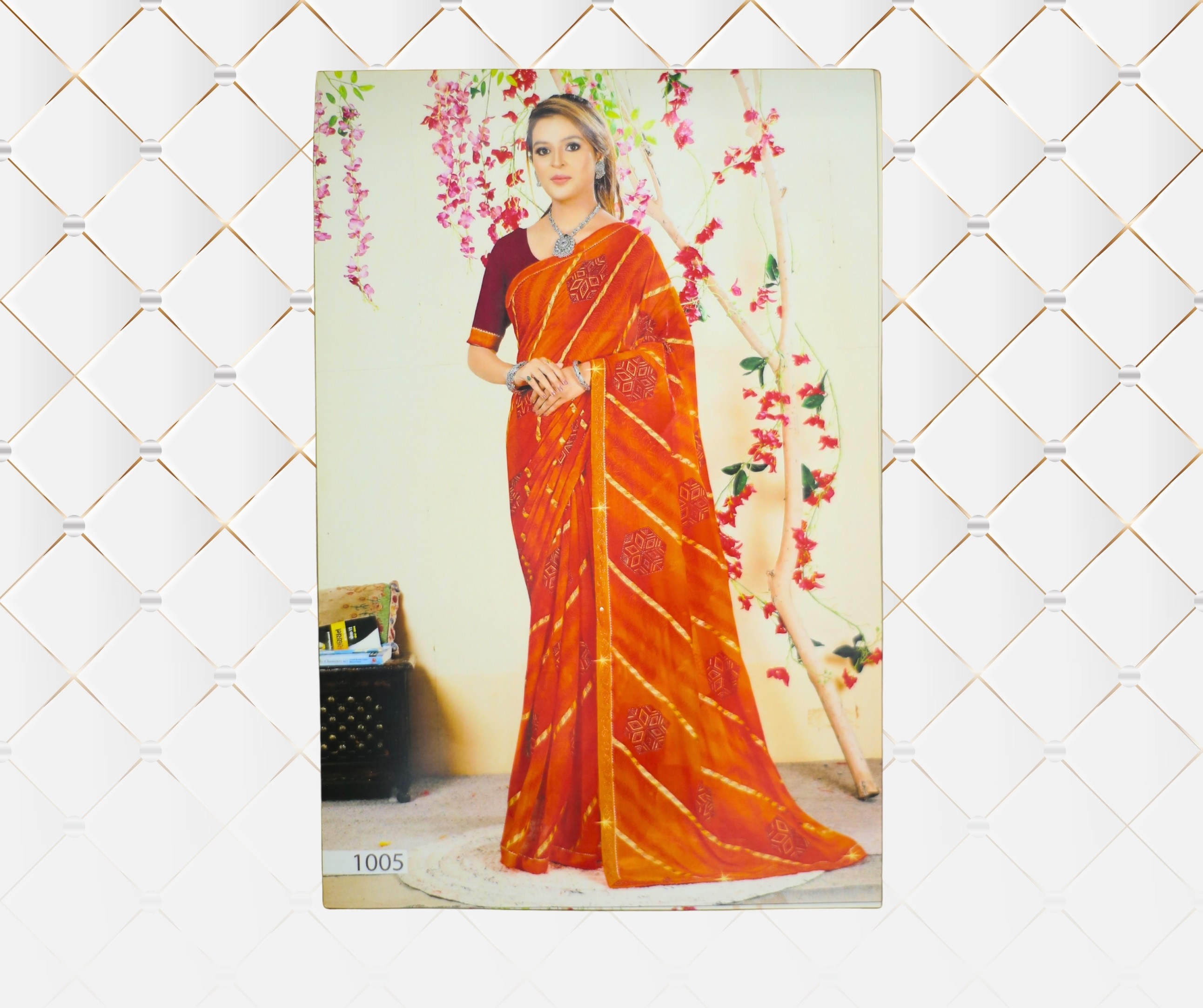 Red Saree with Geometric Embroidery