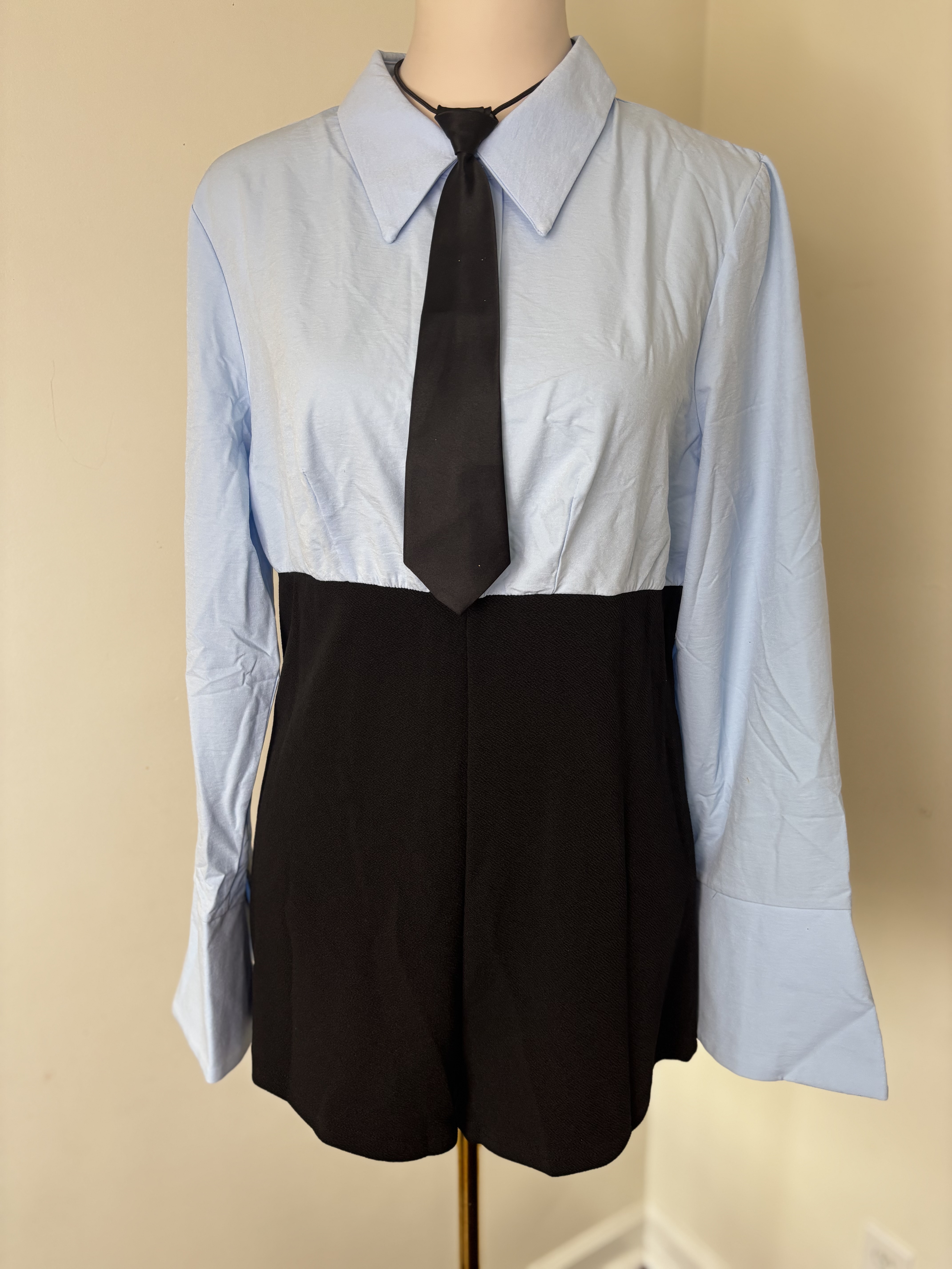 Colorblock Shirt Dress with Tie