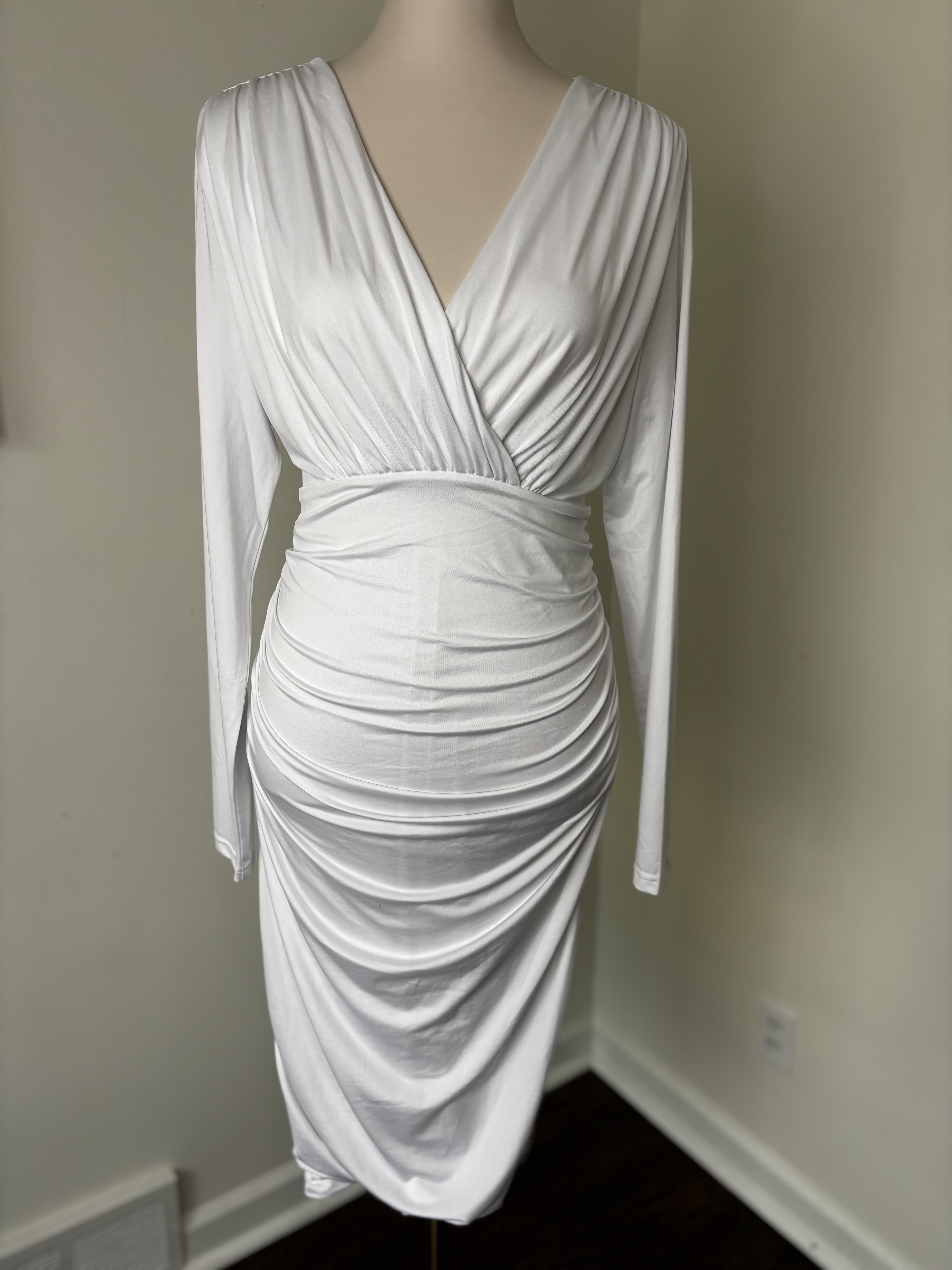 White Ruched Midi Dress