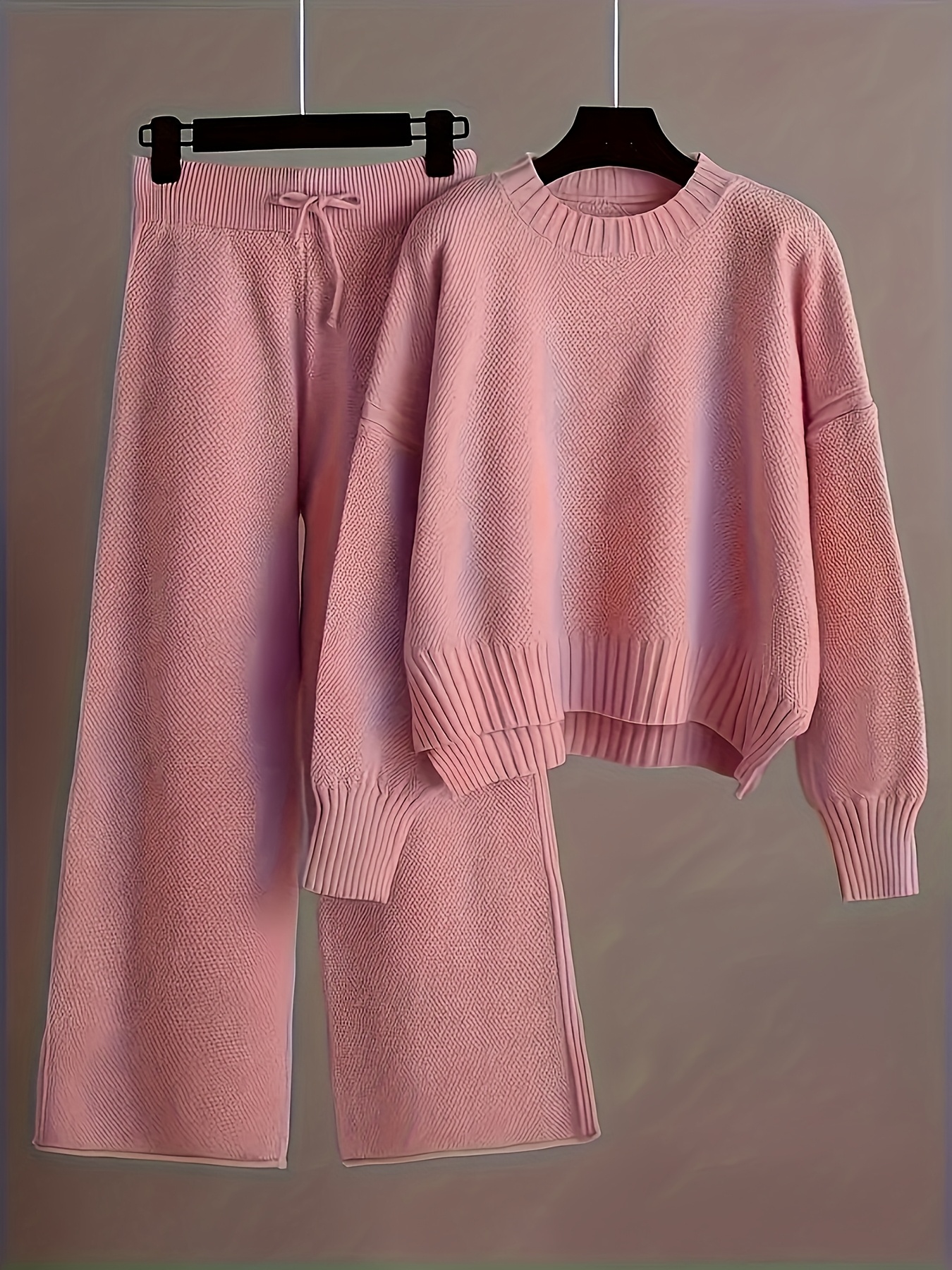 Women'S Oversized Round Neck Sweater & Wide-Leg Pants Two-Piece Set - Soft Casual Elegant Outfit, Loose
