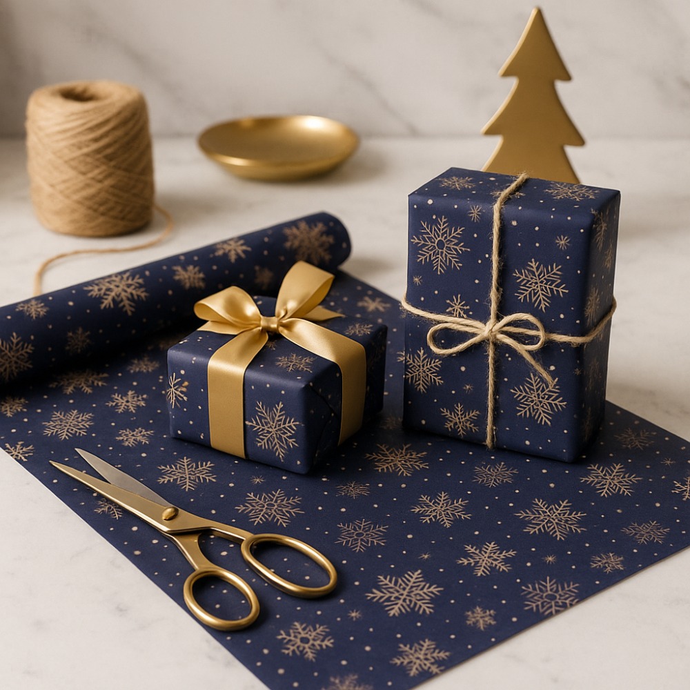 Extra Long Dark Blue Snowflake Wrapping Paper Roll