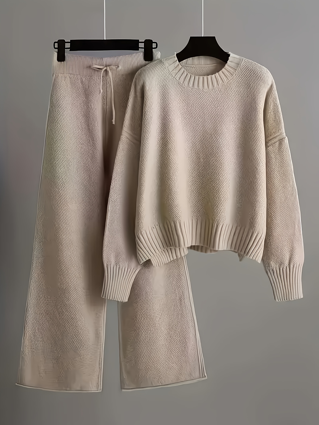 Women'S Oversized Round Neck Sweater & Wide-Leg Pants Two-Piece Set - Soft Casual Elegant Outfit, Loose