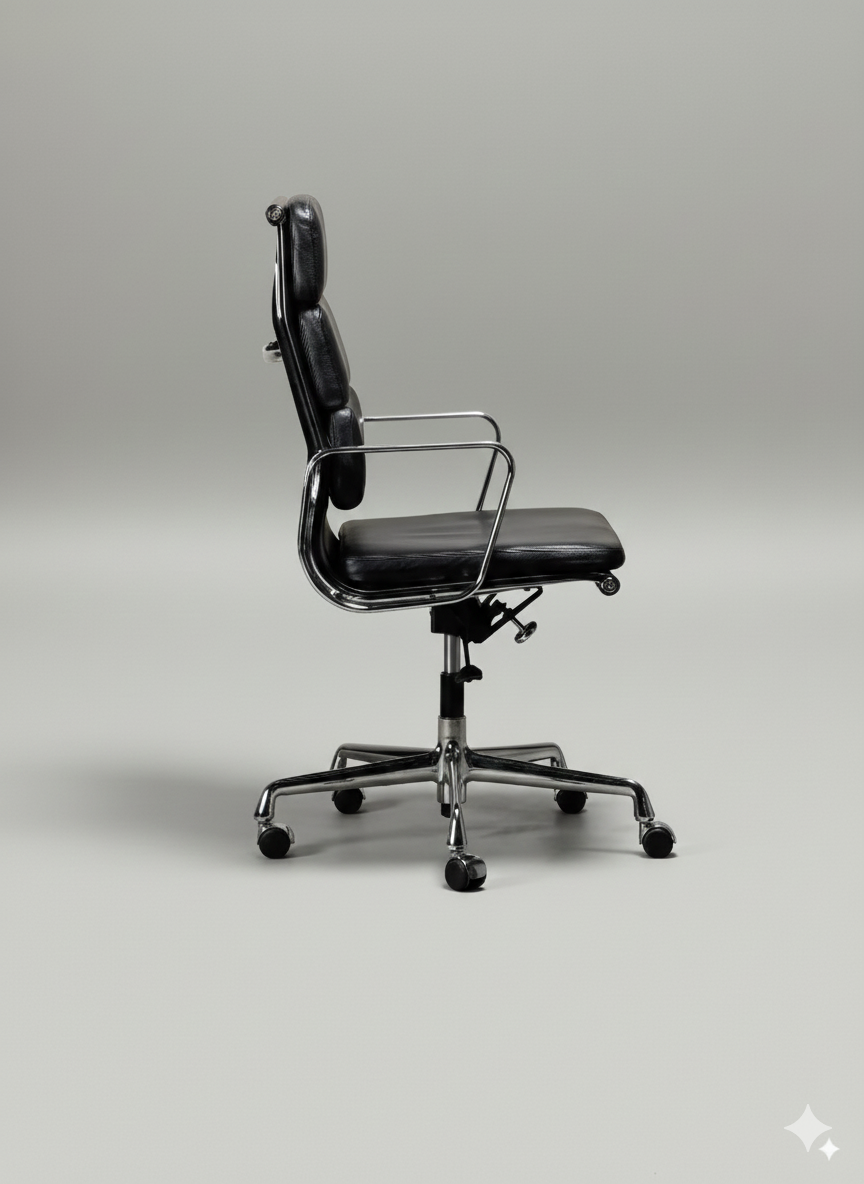 Chaise de bureau Charles & Ray Eames EA219 en chrome et cuir noir, Vitra