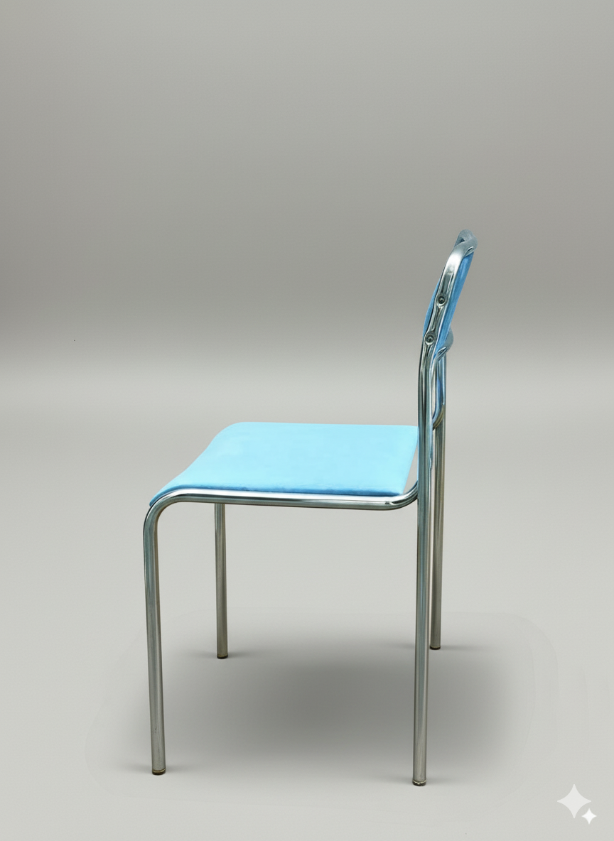 Chaise chromée 70s – assise en velours bleu ciel