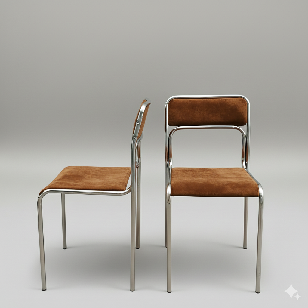 Chaises chromées 70s – assise en velours marron (par paire)