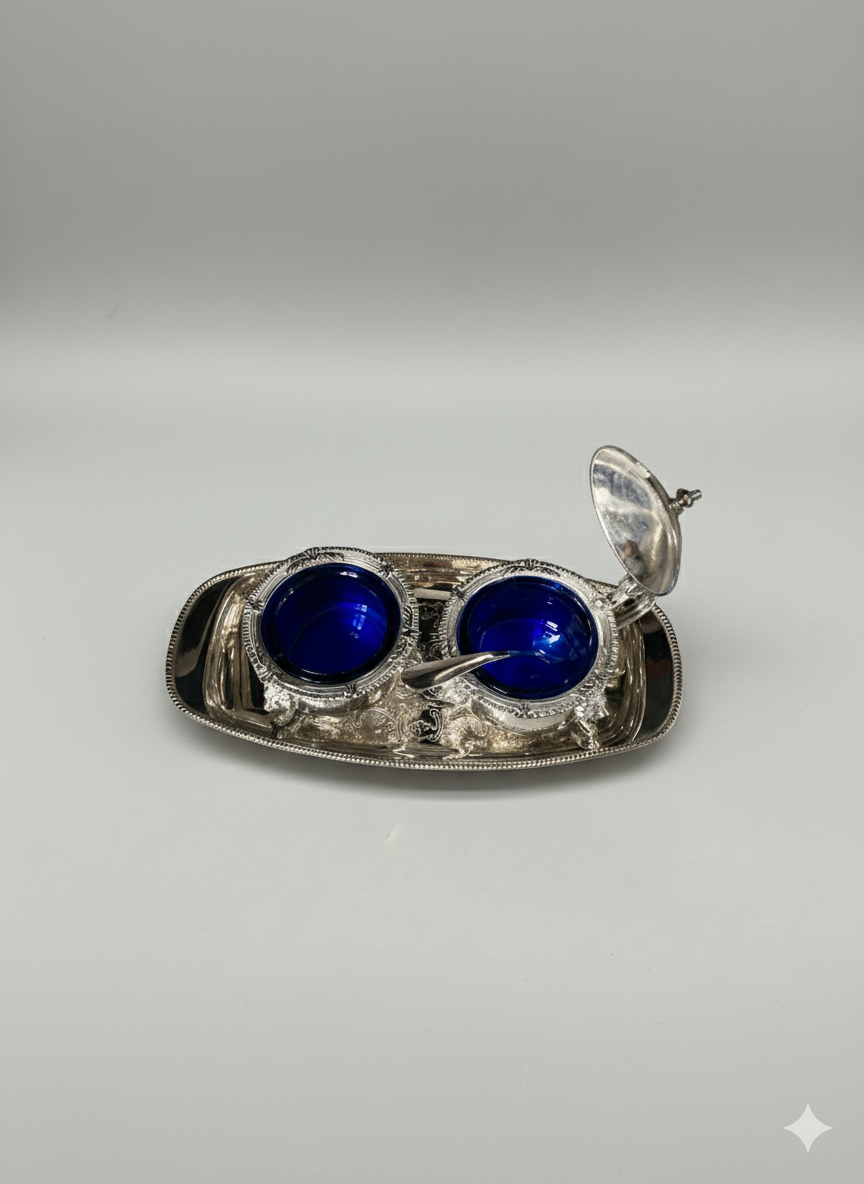 Service à condiments argent & verre bleu cobalt
